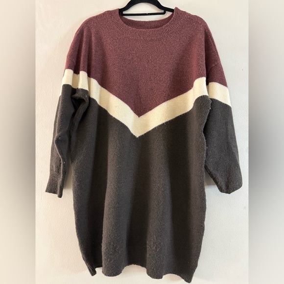 Plus Size 0X Chevron Color Block Sweater Dress Tunic 14W Cozy Knit Long Pullover - Picture 2 of 7